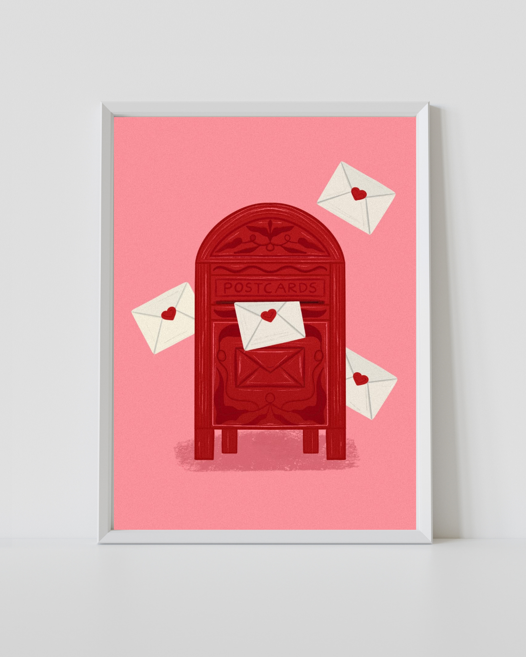 Love Letter Print featuring a vintage-style red mailbox surrounded by floating love letters on a soft pink background.