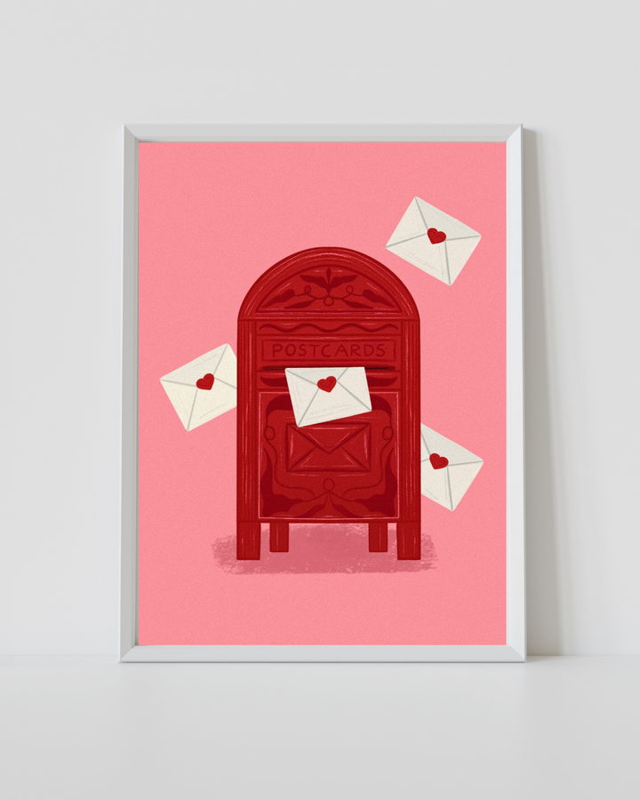 Love Letter Print featuring a vintage-style red mailbox surrounded by floating love letters on a soft pink background.