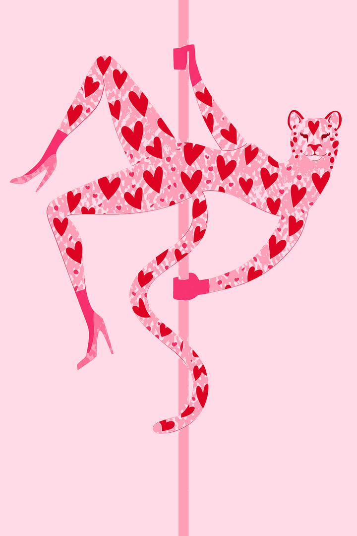 High-heel dancer print with red hearts on pink background, posed on a pole