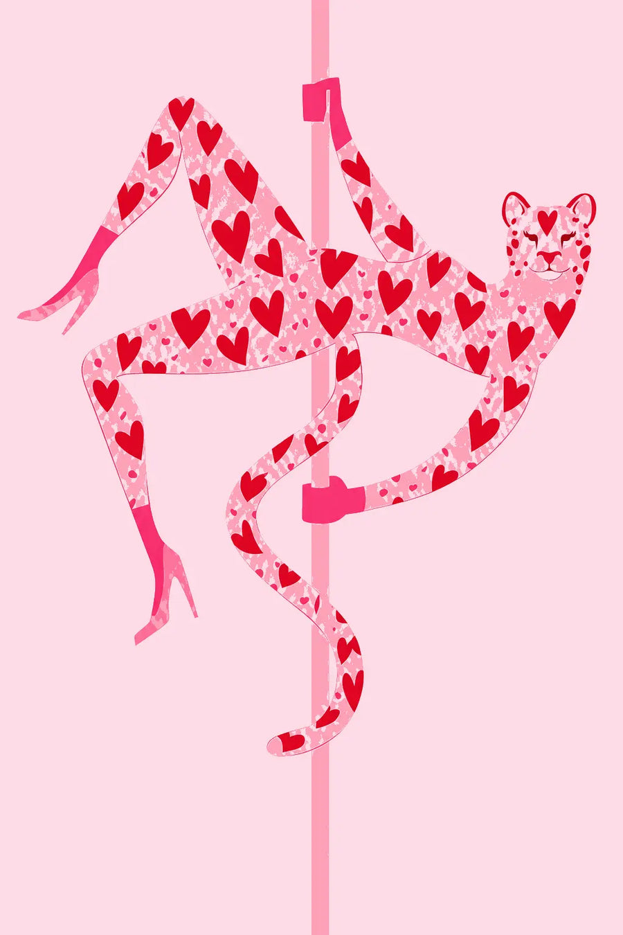 High-heel dancer print with red hearts on pink background, posed on a pole
