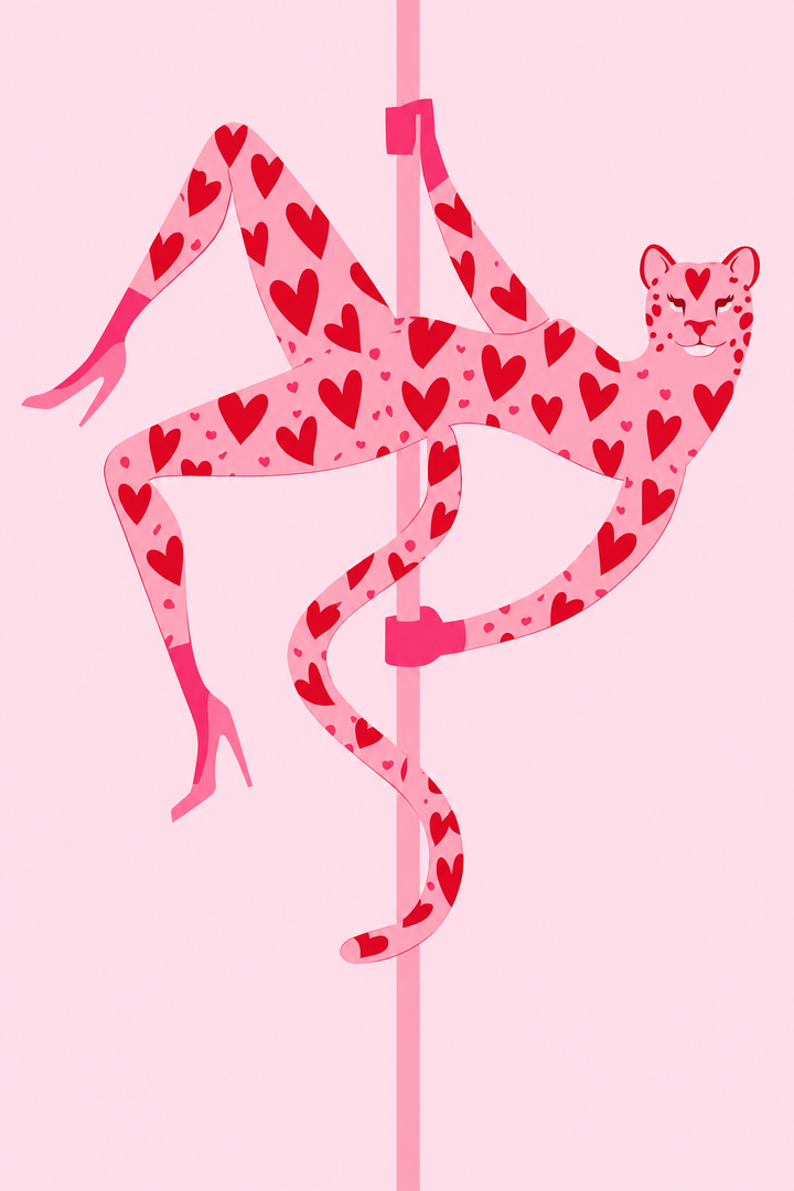 Heart High Heels Print showcasing elegant pink stilettos decorated with heart motifs in a clean minimalist illustration.