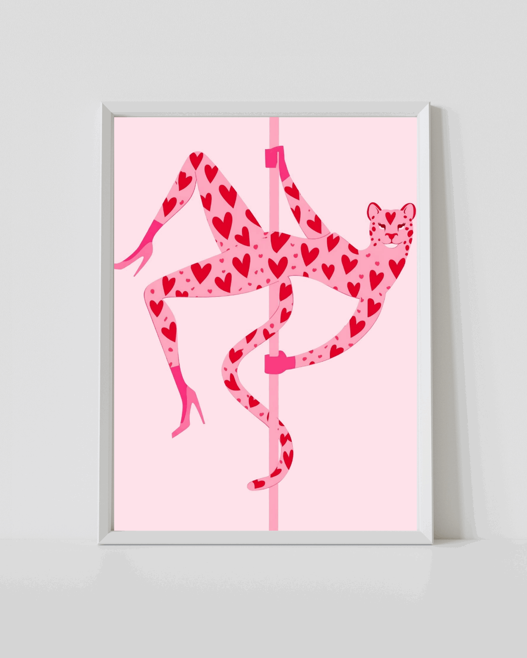 White-framed heart-pattern high-heel dancer print with pink and red hearts
