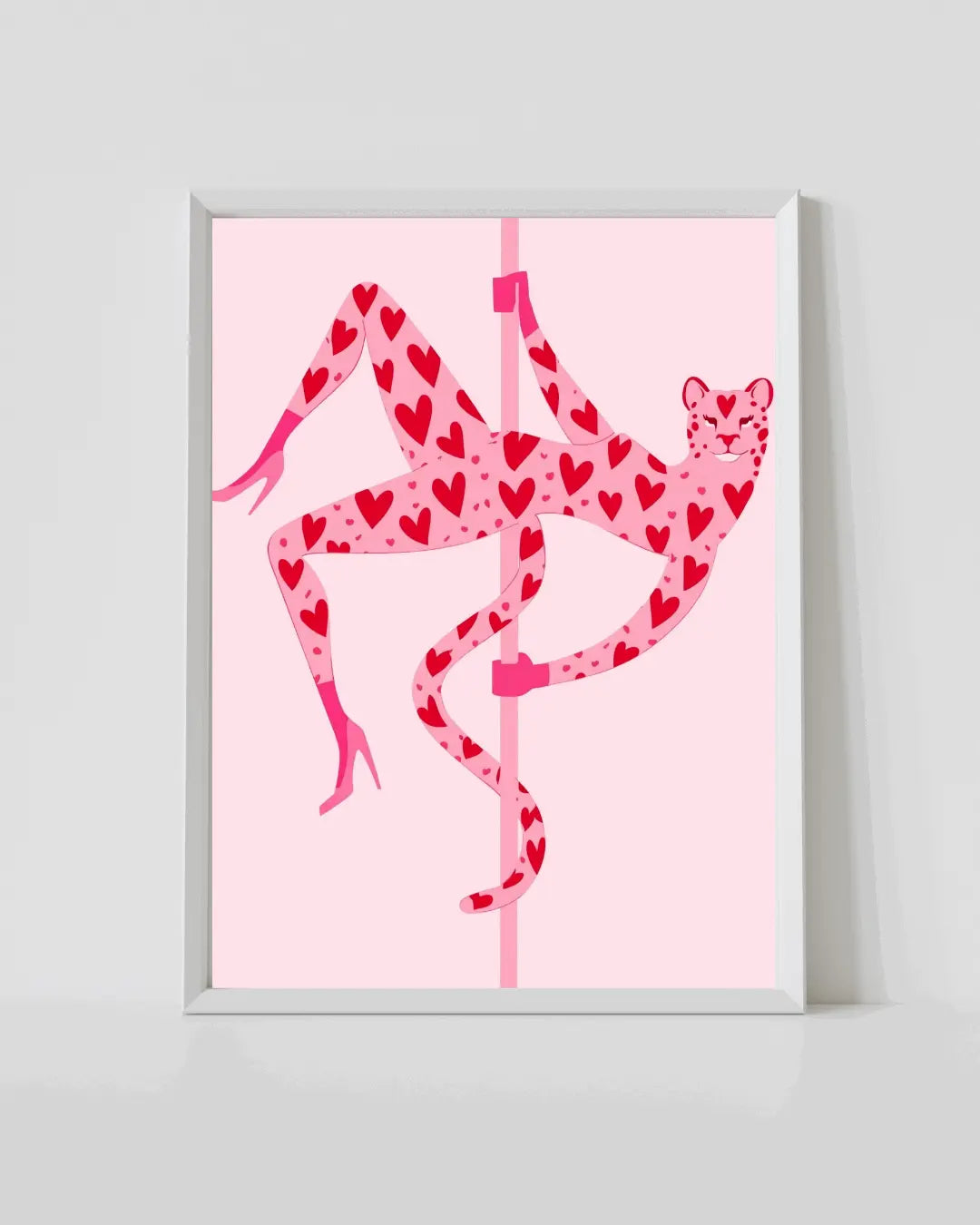 White-framed high-heel dancer print with red heart pattern on a pole