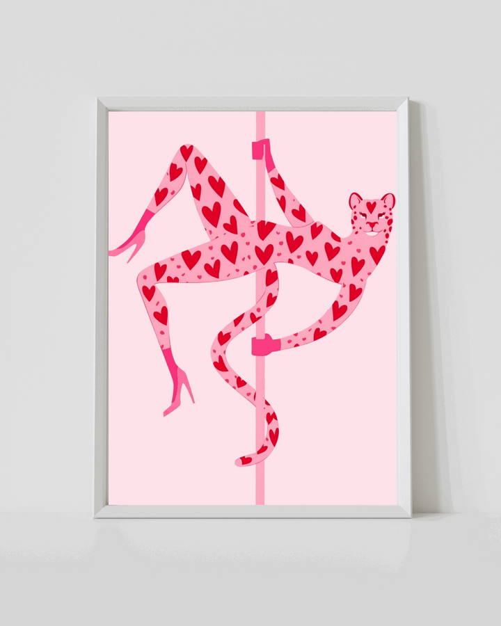 White-framed high-heel dancer print with red heart pattern on a pole