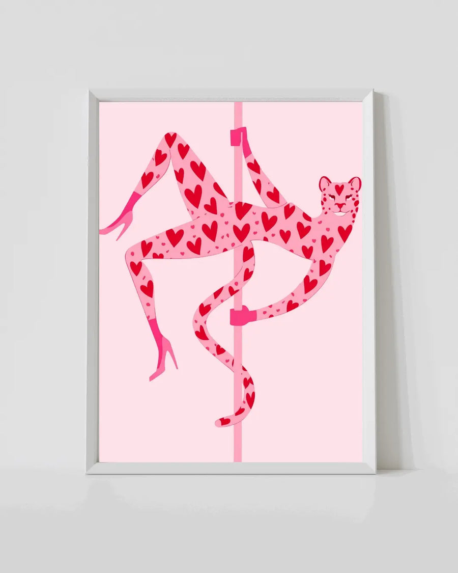 White-framed high-heel dancer print with red heart pattern on a pole