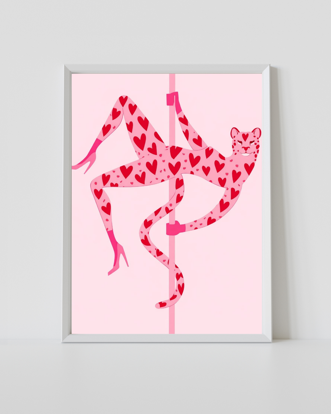 Heart High Heels Print featuring two pink high heels covered with red heart patterns on a soft pastel pink background.
