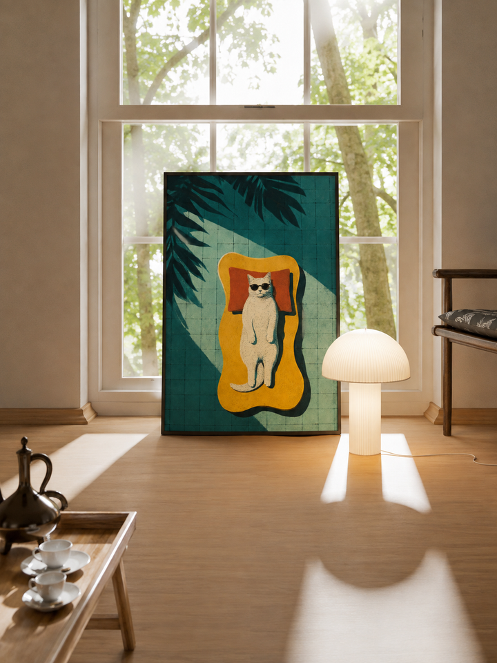 Framed cat art print with teal artwork and orange abstract mat, featuring sunglasses cat