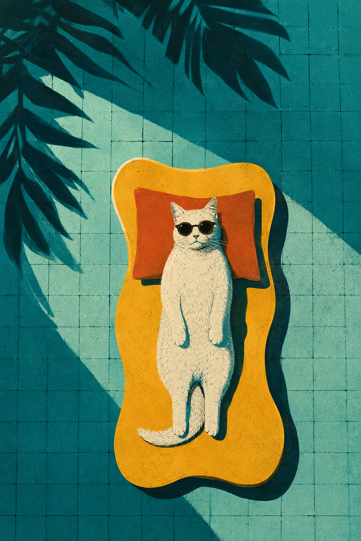 Close-up cat art print with teal grid background, orange mat, and sunglasses cat