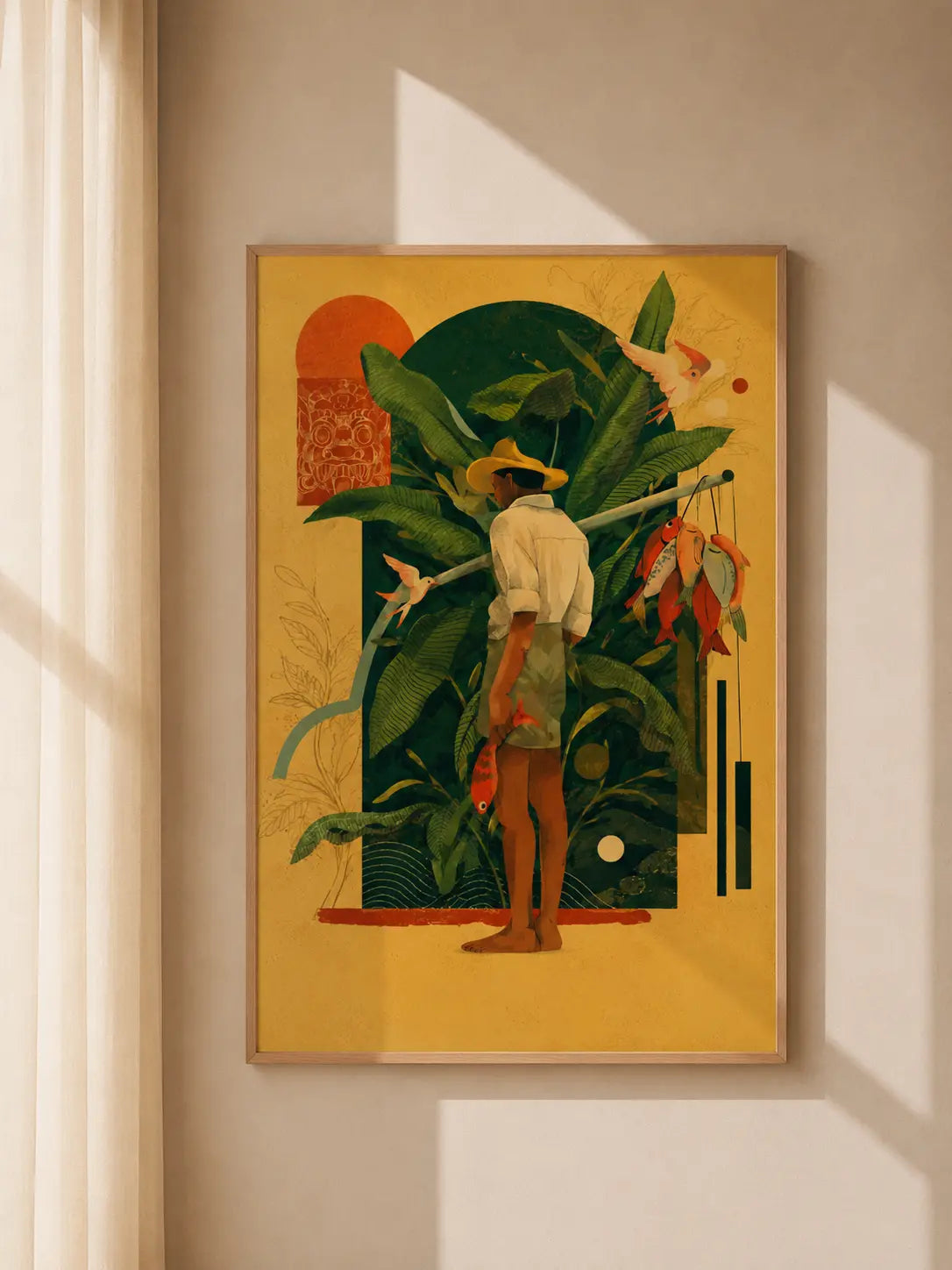 Framed tropical figure art print on wall, person in jungle scene with birds and leaves