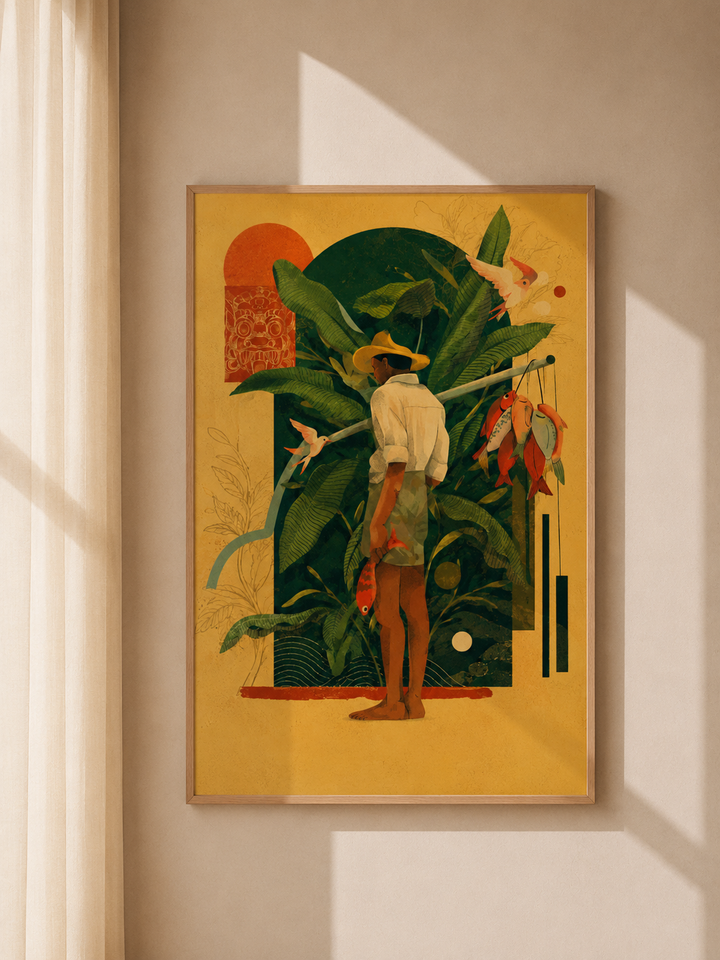 Framed tropical figure art print on wall, person in jungle scene with birds and leaves
