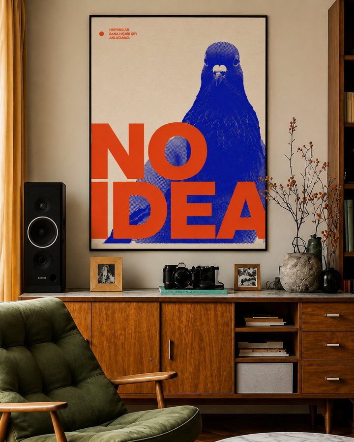 Blue pigeon pop art print with red "NO IDEA" text, black frame