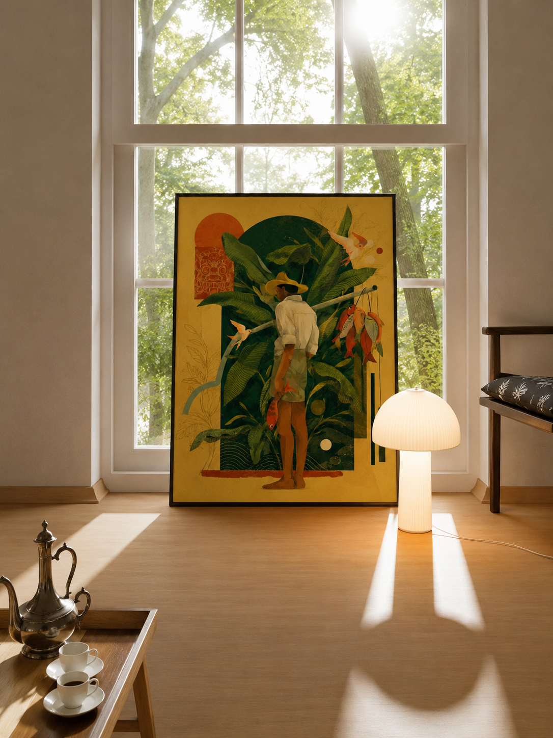 Framed tropical figure art print with person standing amid green jungle leaves and birds