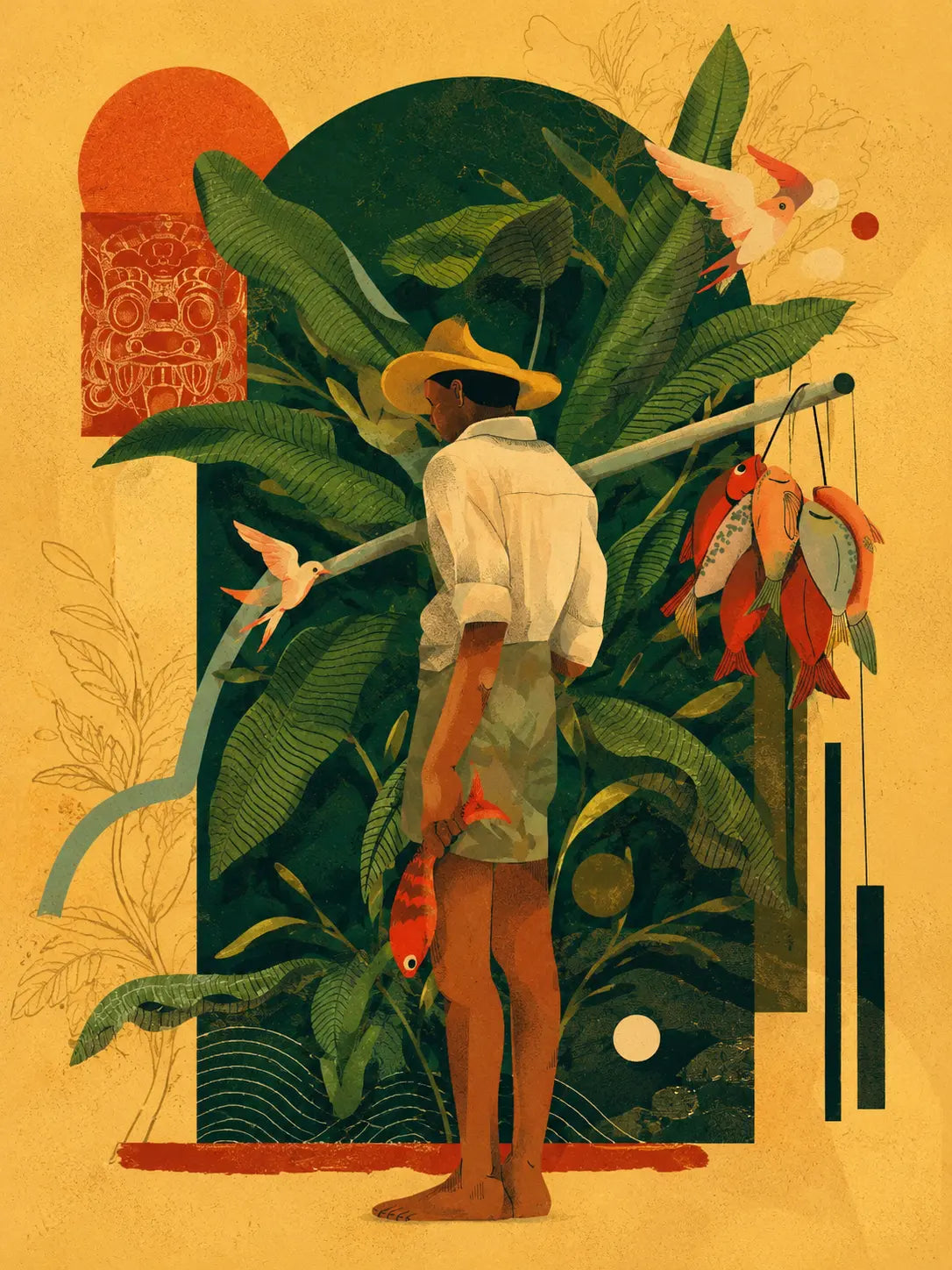Tropical figure art print featuring a person in green foliage with birds and colorful fruit