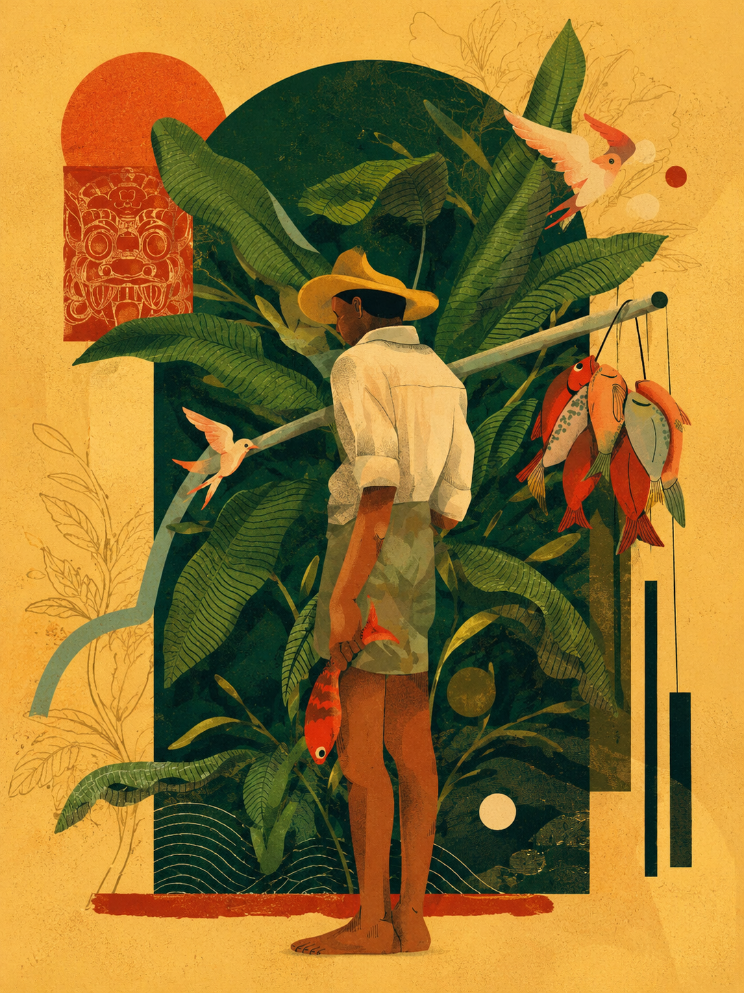 Tropical figure art print featuring a person in green foliage with birds and colorful fruit