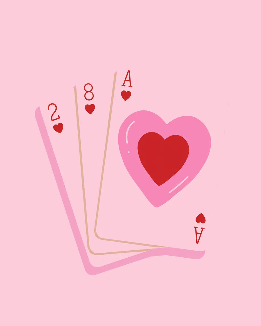 Pink playing cards love print close-up with heart and Ace of hearts