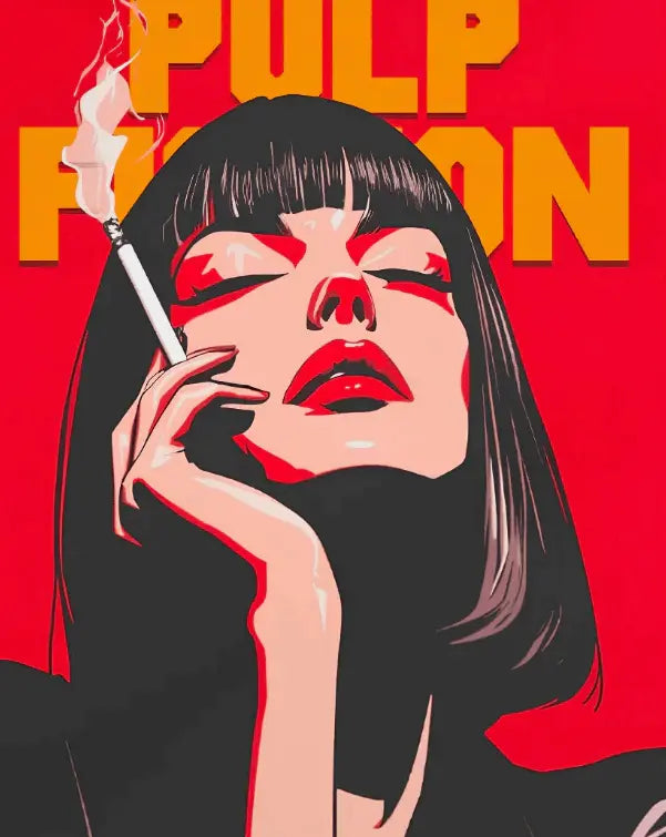 Close-up pop art poster with red background, woman holding smoking cigarette
