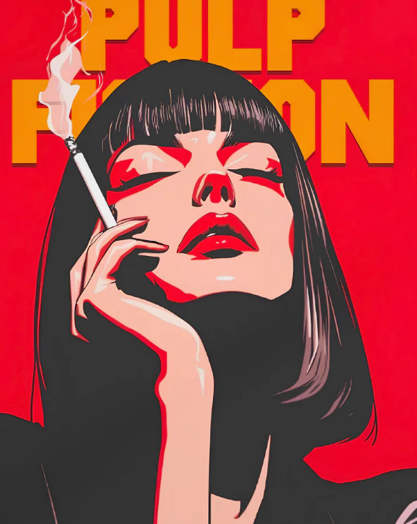 Pop art poster with stylized woman in black hair and red lips, holding cigarette, bold text