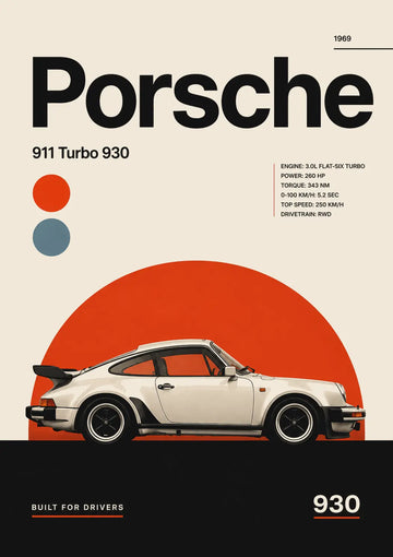 Porsche 911 Turbo 930 Wall Art | Minimalist Car Poster