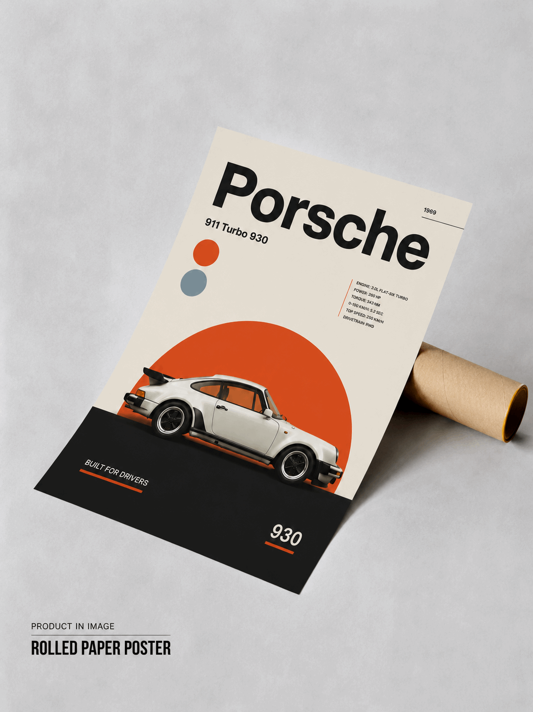 Rolled Porsche 911 Turbo 930 wall art poster with orange graphic and sports car