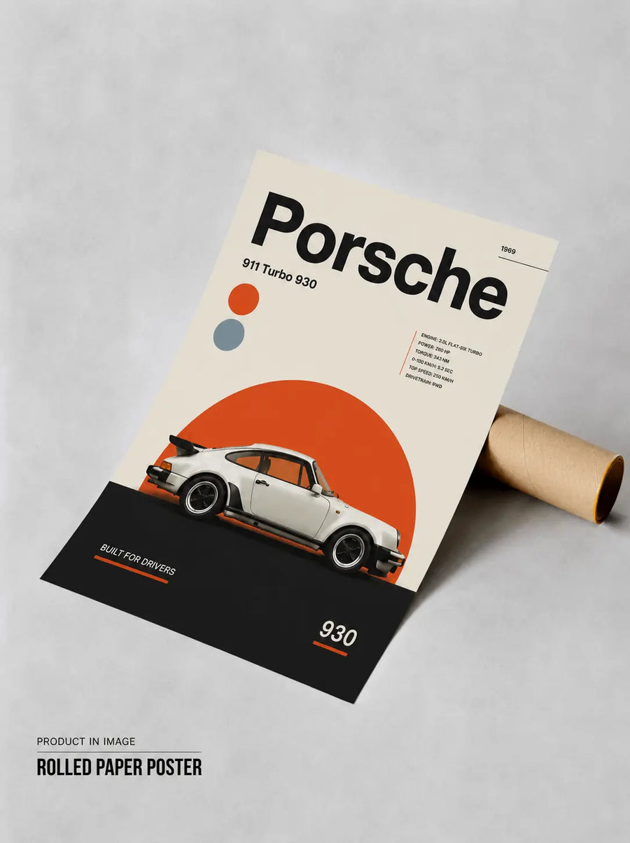 Rolled Porsche 911 Turbo 930 wall art poster with orange graphic and sports car