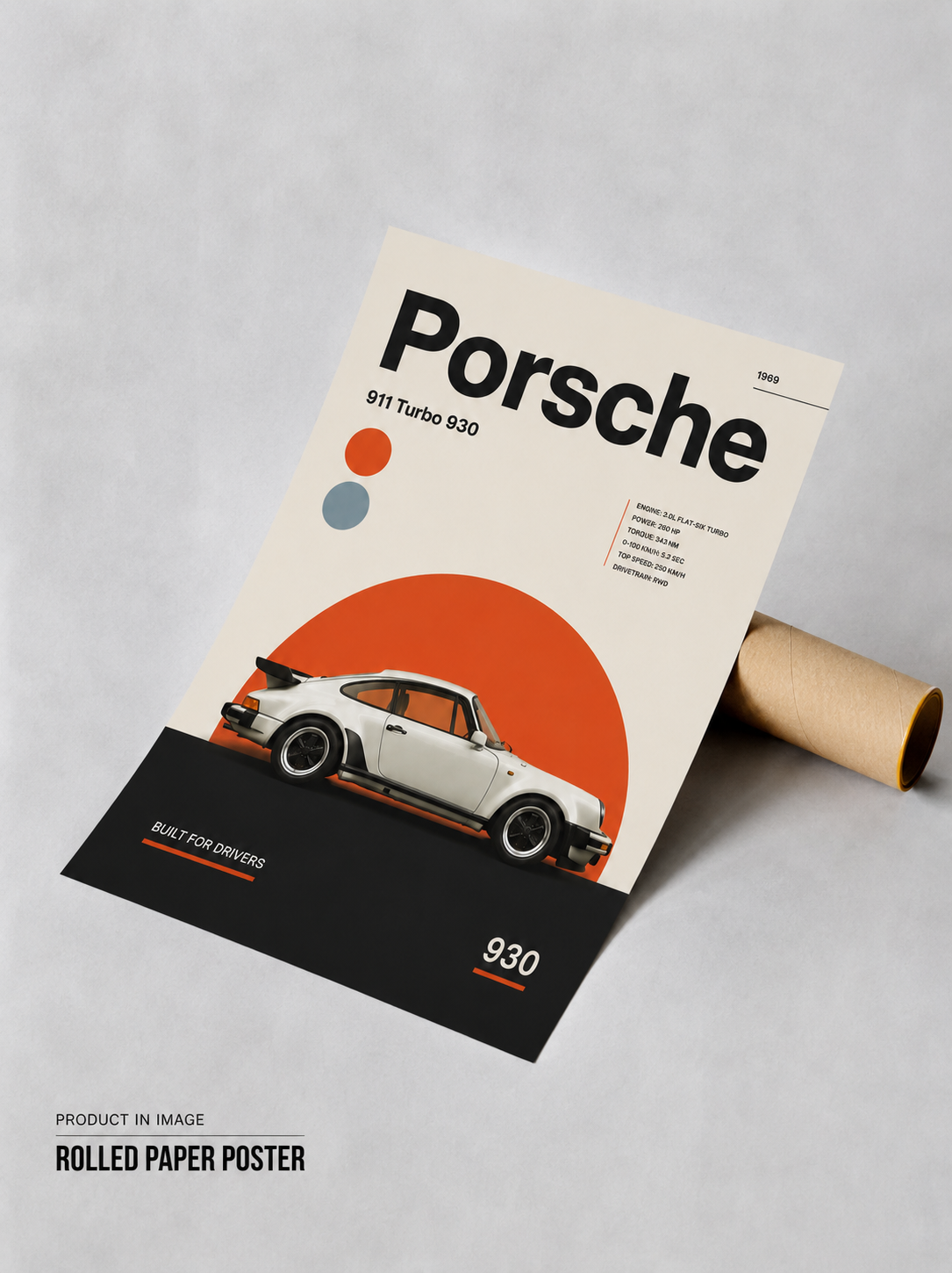 Vintage Porsche 911 Turbo wall art showcasing an iconic sports car in a clean minimalist gallery-style poster design.