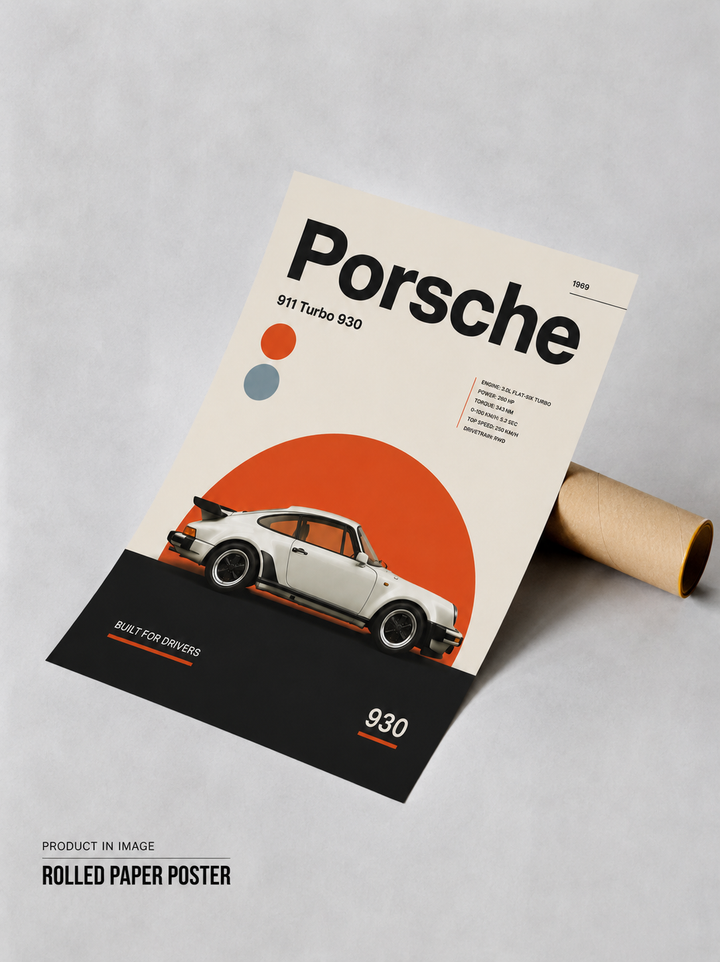 Vintage Porsche 911 Turbo wall art showcasing an iconic sports car in a clean minimalist gallery-style poster design.