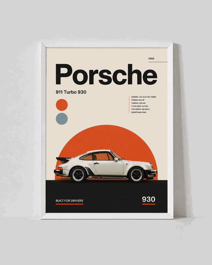 Framed Porsche 911 Turbo 930 wall art poster in white frame with orange circle and sports car