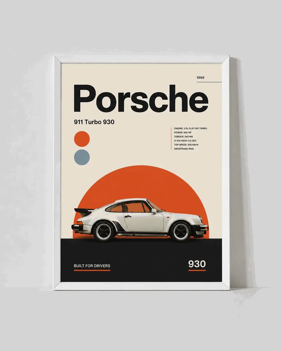 Framed Porsche 911 Turbo 930 wall art poster in white frame with orange circle and sports car