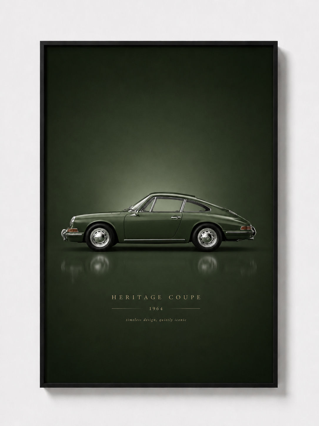 Black framed classic sports car poster with green vintage coupe and lettering