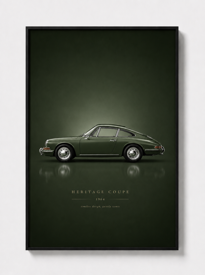 Black framed classic sports car poster with green vintage coupe and lettering