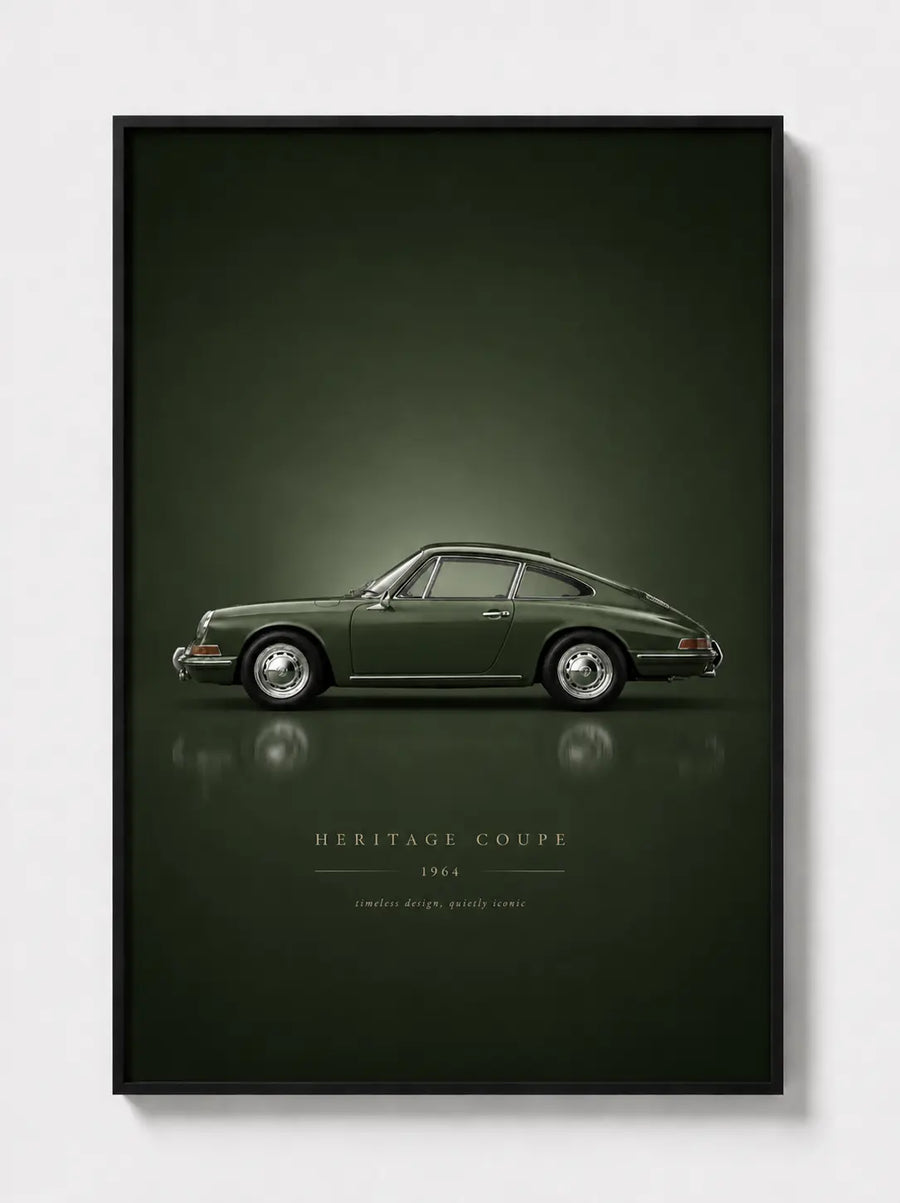 Black framed classic sports car poster with green vintage coupe and lettering