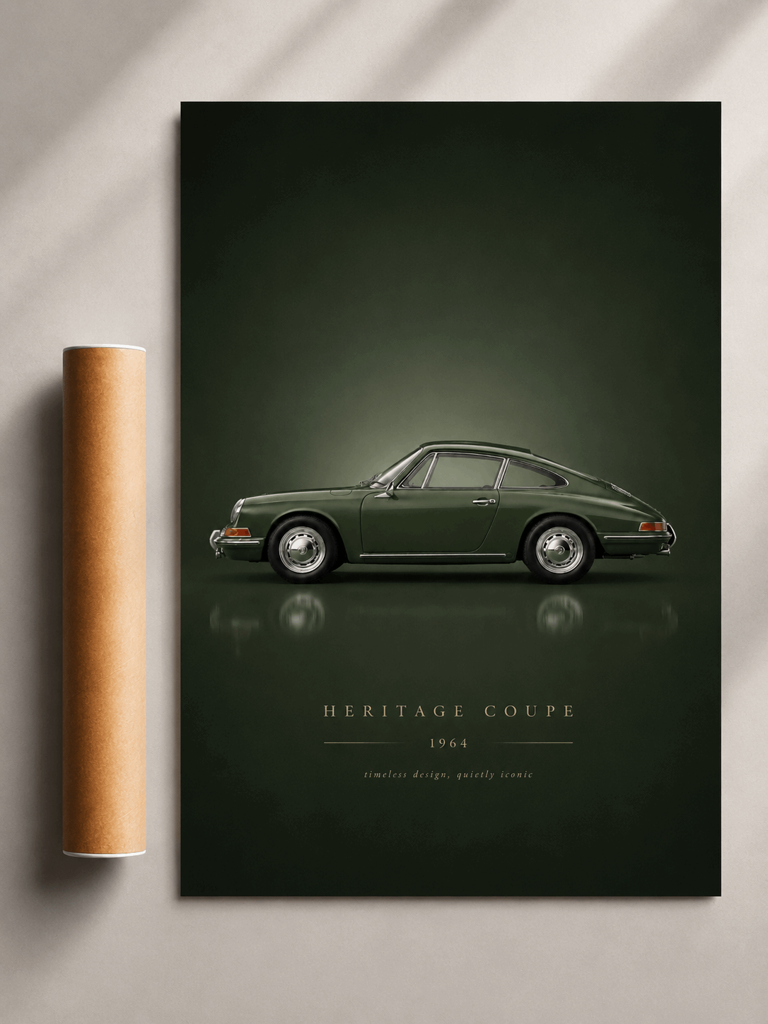 Dark green classic sports car poster, side view, 