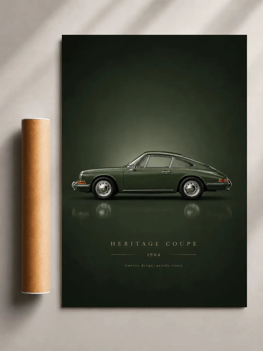 Dark green classic sports car poster, side view, "Heritage Coupe 1964" text