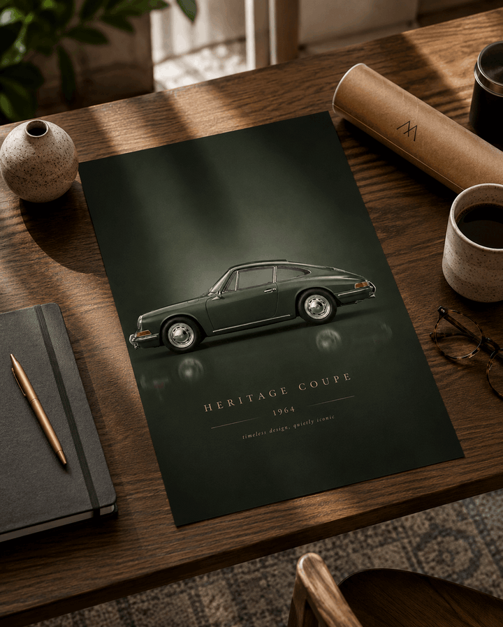 Green classic sports car poster with side profile and "Heritage Coupe 1964" text
