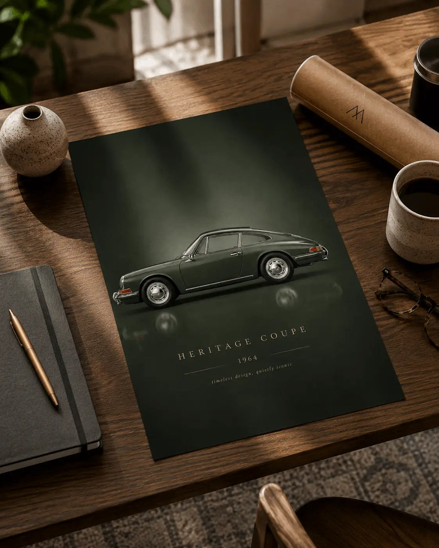 Green classic sports car poster with side profile and "Heritage Coupe 1964" text