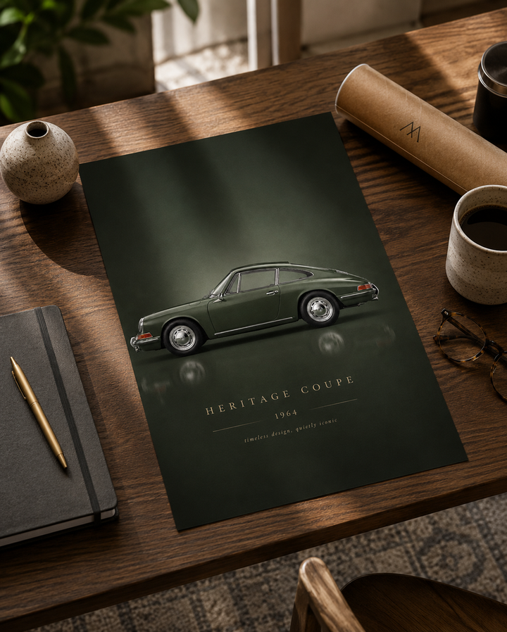 Classic Sports Car Poster showcasing a timeless performance car with elegant typography and deep green tones.