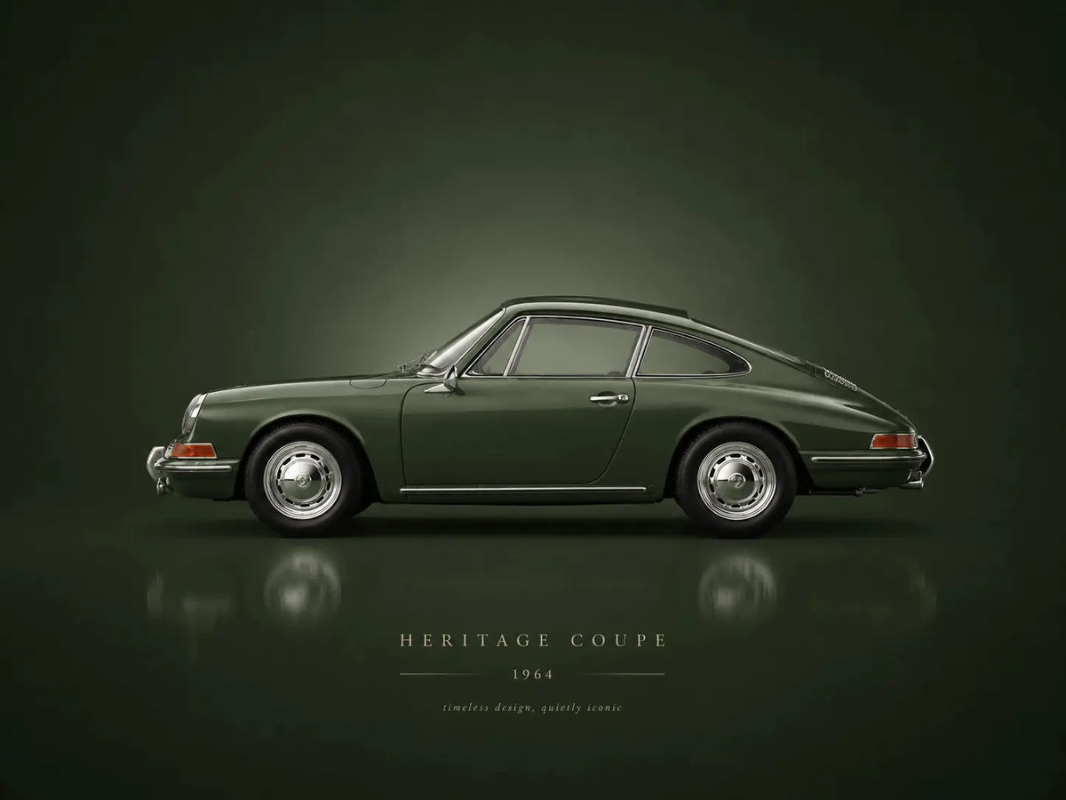 Classic sports car poster with side profile and "Heritage Coupe 1964" text