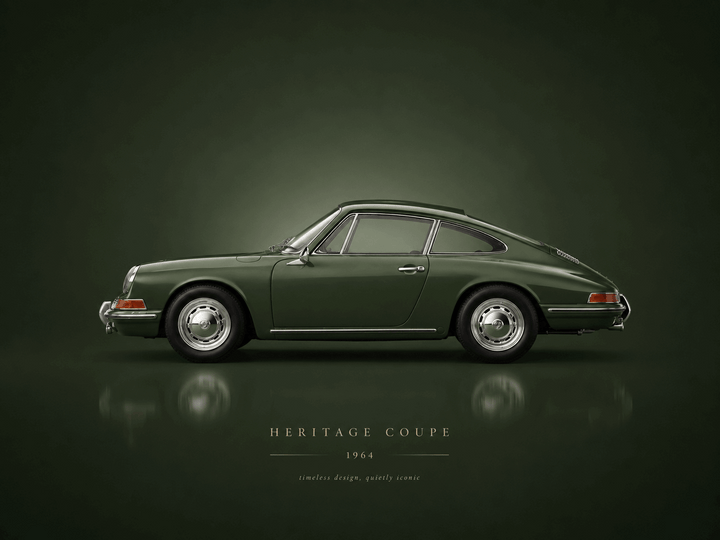Classic sports car poster with side profile and "Heritage Coupe 1964" text