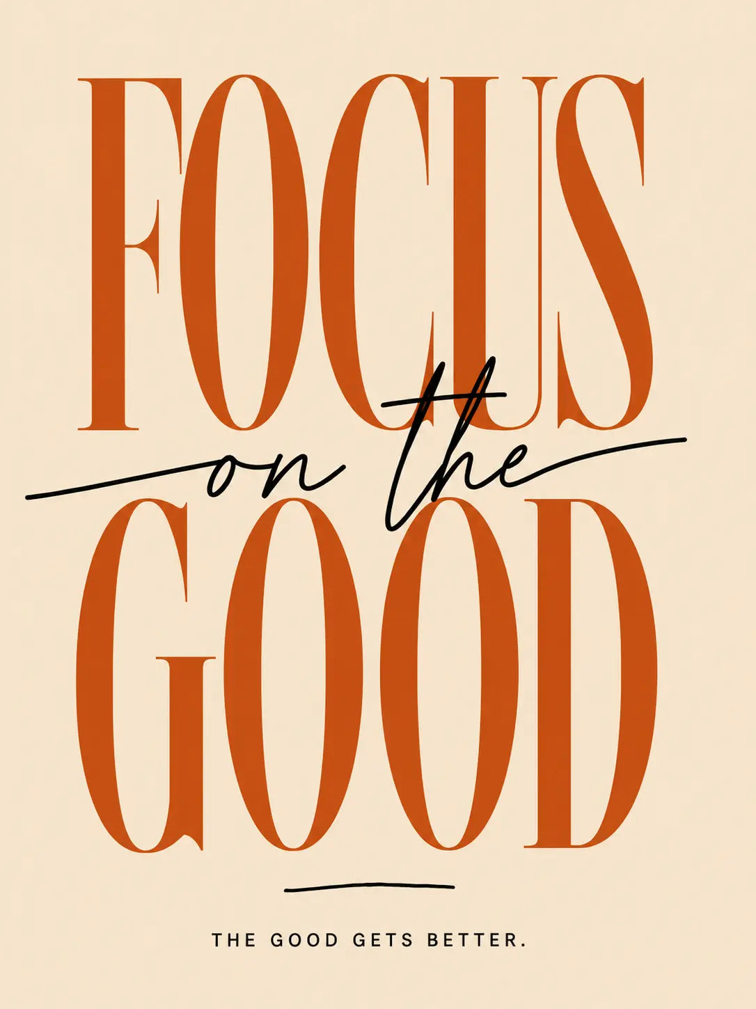 Wall art print close-up: “FOCUS on the GOLD” in rust and black script on beige