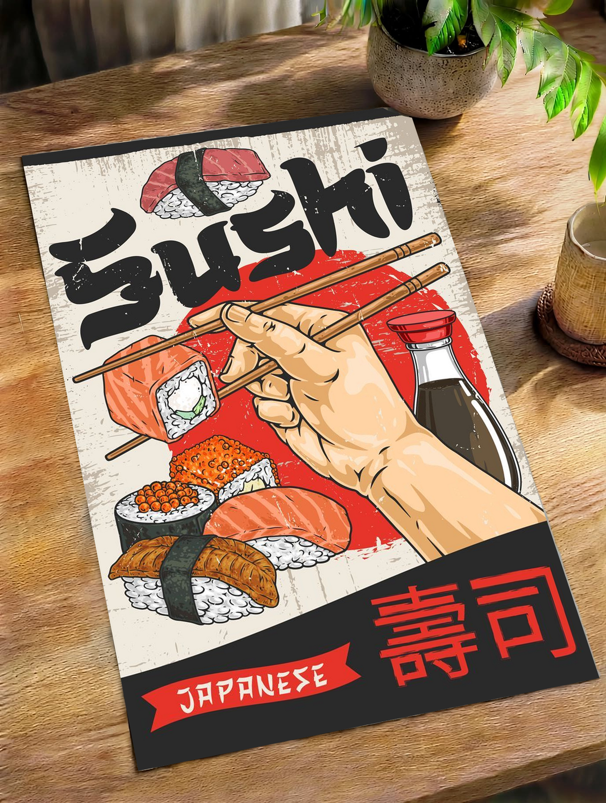 Unframed sushi wall art with chopsticks, sushi pieces, red soy sauce bottle, Japanese text