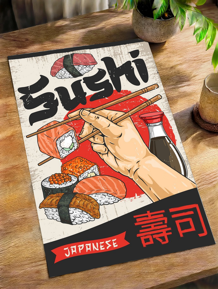 Unframed sushi wall art with chopsticks, sushi pieces, red soy sauce bottle, Japanese text