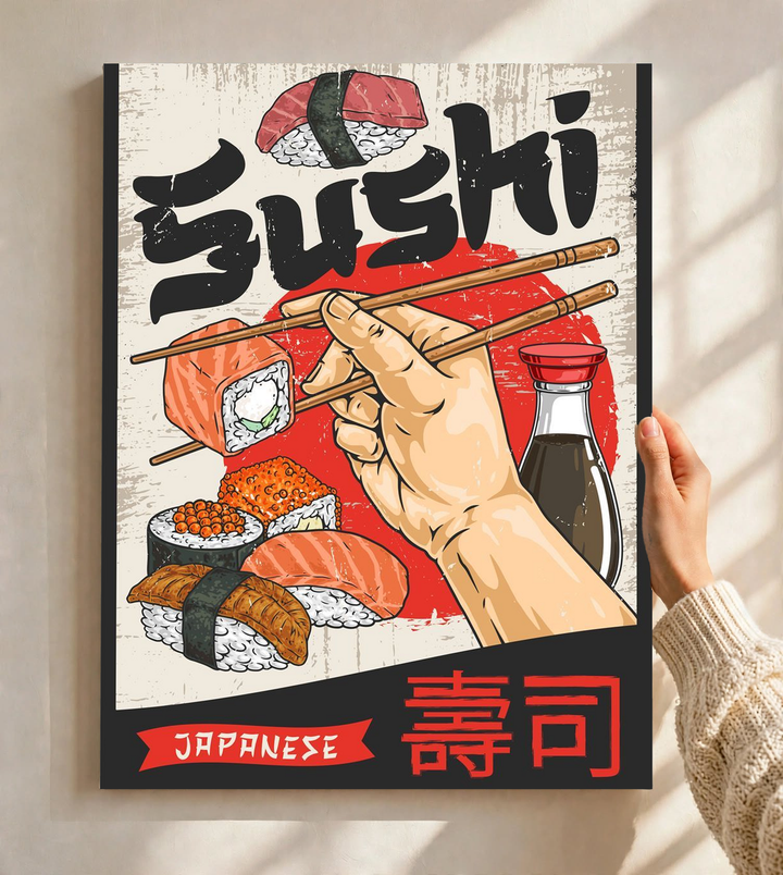 Framed sushi wall art on wall with chopsticks, nigiri, red soy sauce bottle, Japanese characters