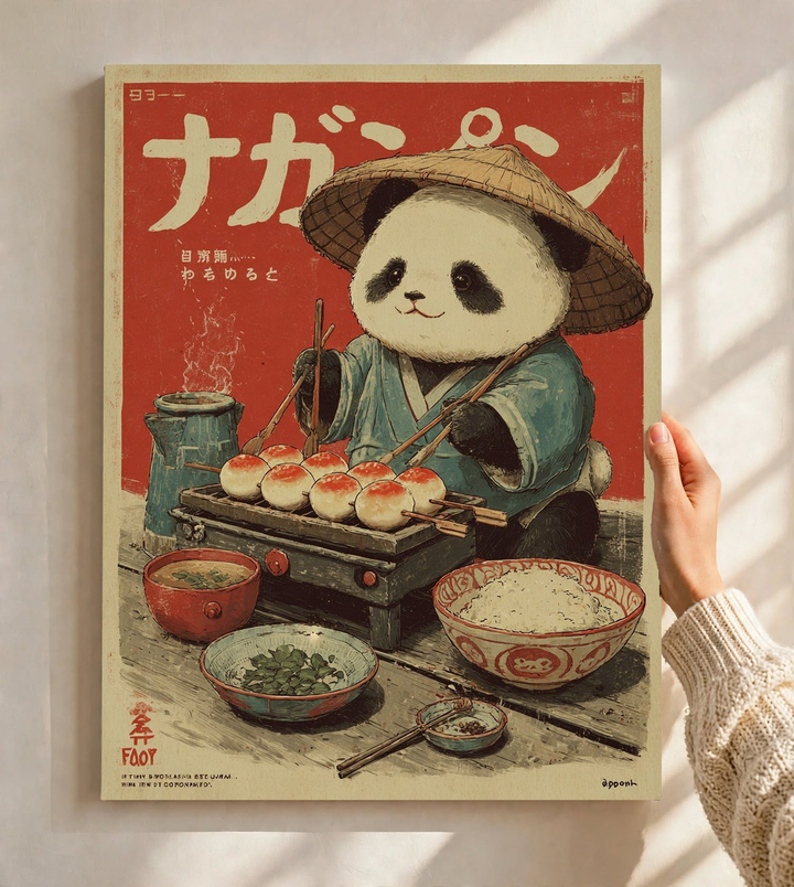Person holding a retro Japanese panda print featuring a spread of food.