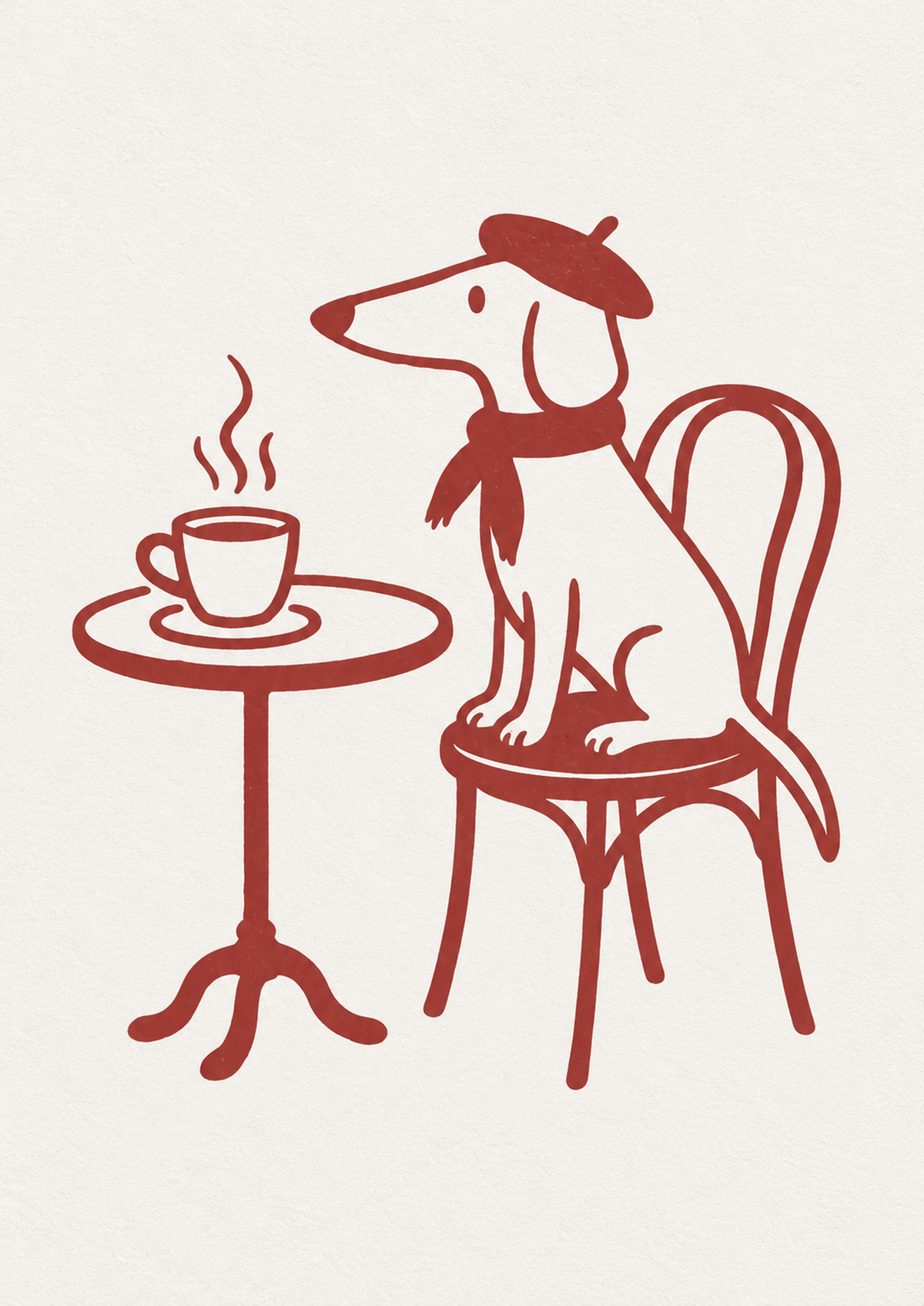 Anteprima dell’illustrazione: Cane dal muso lungo con basco e sciarpa su una sedia da bistrot, vicino a una tazza fumante e un tavolino rotondo, a linee rosse su crema.
