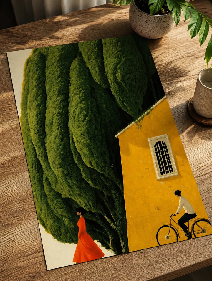 Poster print, green shrub trees and yellow house with red dress woman and bicycle