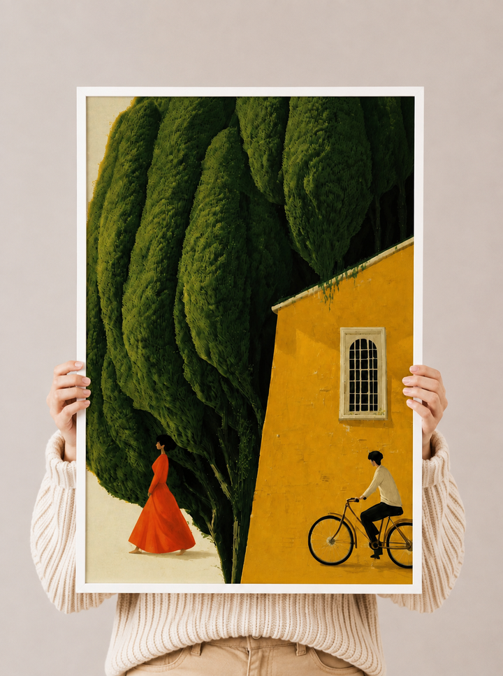 Poster print held by hands: green shrub trees and yellow house with red dress figure and bicycle
