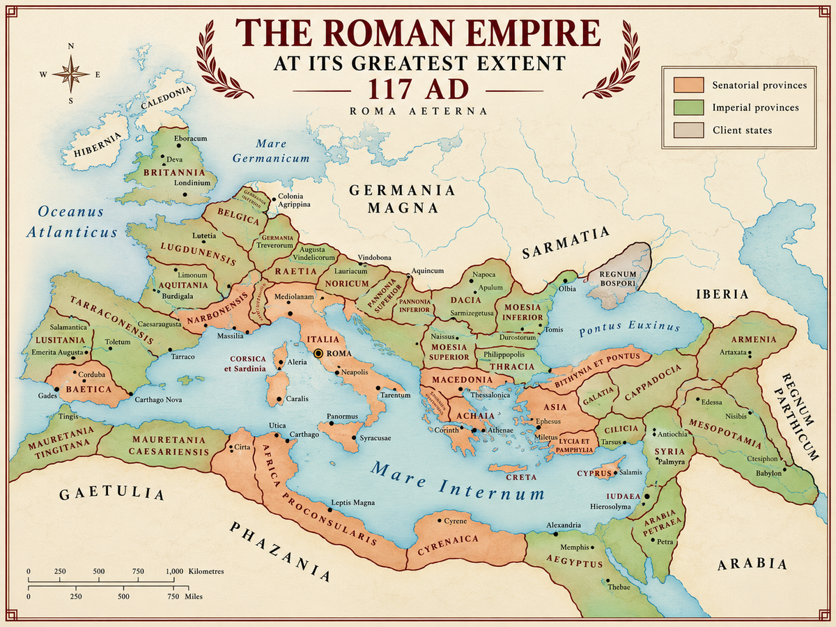 Roman Empire Map historical print designed for study rooms, libraries, offices and classical history inspired interiors