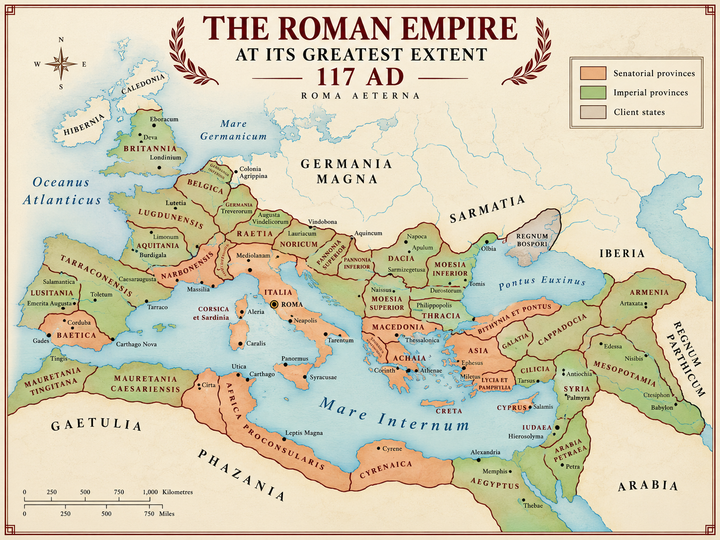 Roman Empire Map historical print designed for study rooms, libraries, offices and classical history inspired interiors