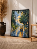 Black-framed watercolor art print of a rainy road with an orange truck under trees