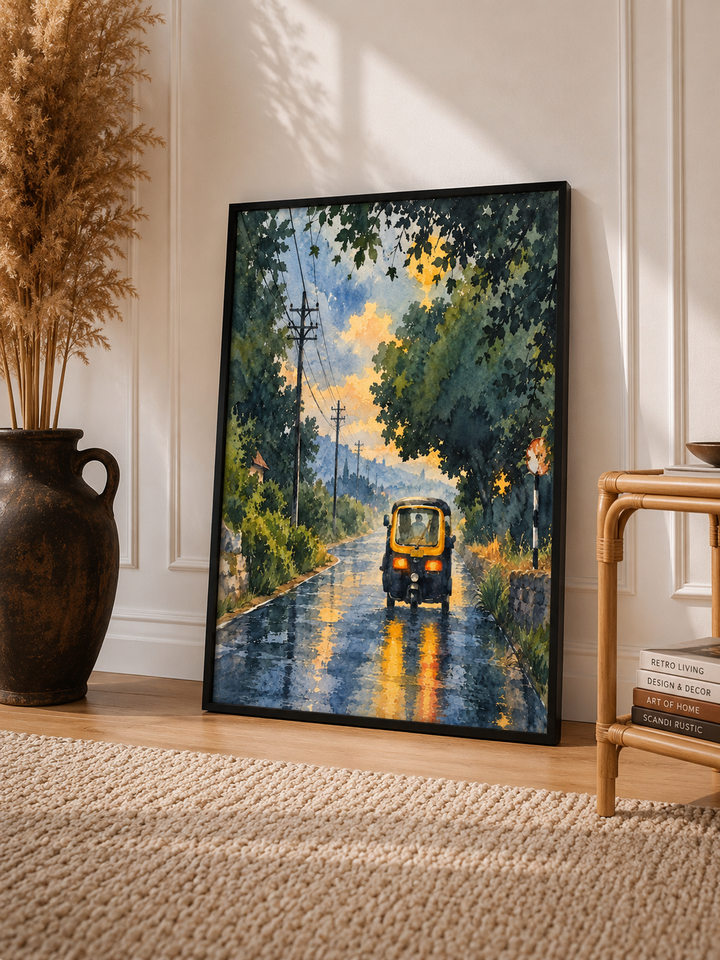 Rainy City Watercolor Art Print depicting a yellow tram moving through a rain soaked tree lined city street